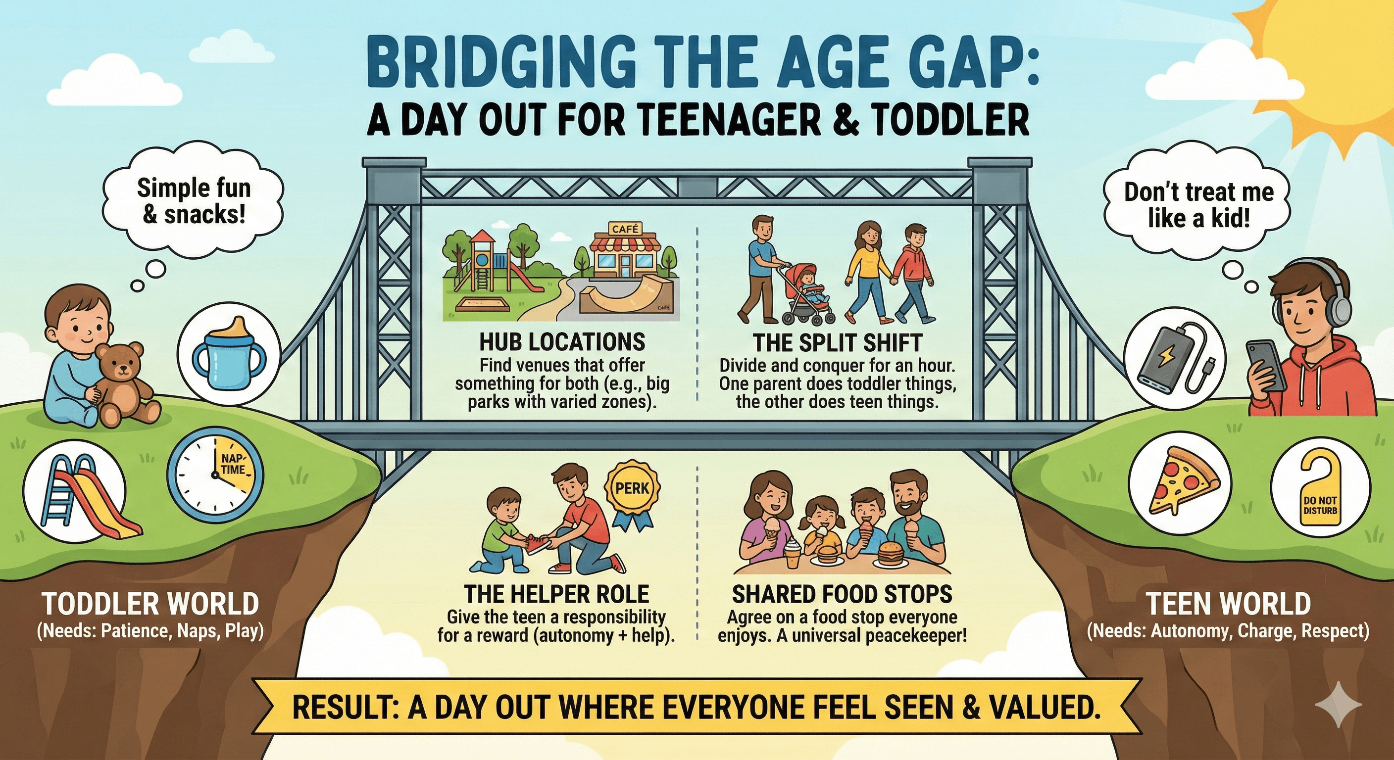 The 3-year-old wants to feed ducks. The 14-year-old would rather die. Here's how to plan a day that doesn't end in mutiny.