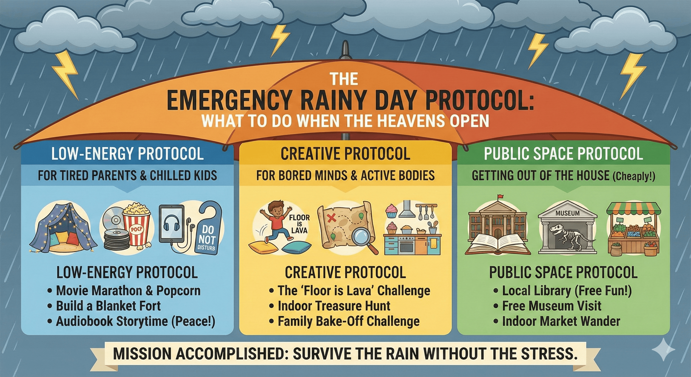 It's 9:47am. You're dressed. The kids are dressed. The picnic is packed. And then you look out the window. Here's what to do next.